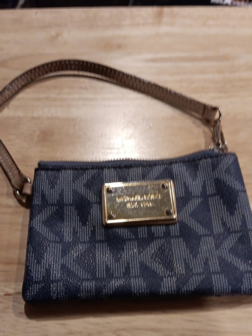 Michael Kors Navy Monogram Wristlet Wallet Gold Plaque